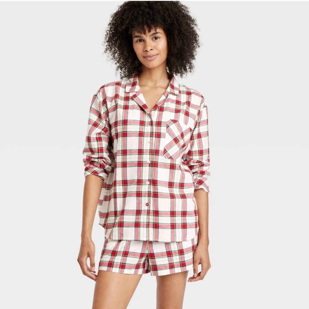 Auden™ Women's Check Flannel Long Sleeve Top & Shorts Pajama Set